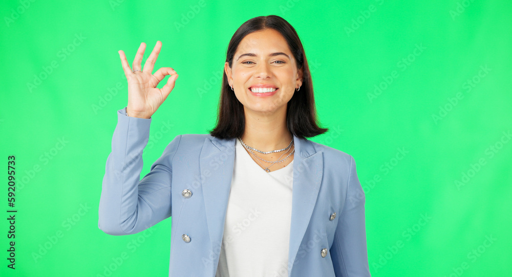 Canvas Prints Okay hands, face and woman smile on green screen, background and review of business support. Portrait of female employee, happy and ok for success, yes and bonus for perfect emoji, thank you and sign