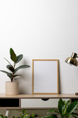 Vertical of empty wooden frame with copy space, lamp and plants in pots on table against white wall