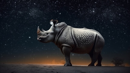 Fototapeta premium White rhinoceros standing in desert at night. generative ai