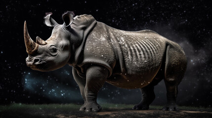 Fototapeta premium White rhinoceros standing in desert at night. generative ai