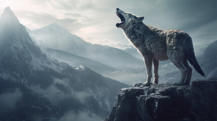 wolf standing on the edge of a cliff and watching the sunset.generative ai