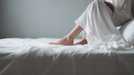 Fototapeta na wymiar Close up of woman legs on bed in the morning with soft light.generative ai