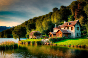 Wooden house on the lake in the mountains. Beautiful cottage on the bank of the river in the village. Generative AI.
