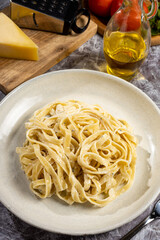Delicious fettuccine pasta with white cheese sauce. Fettuccine pasta with Alfredo sauce.