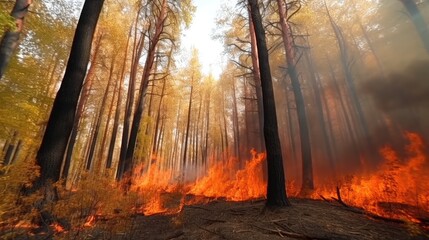 Forest fire, Flame is starting to damage the trunk. Generative AI.