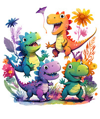 cute dinosaur baby with flowers and leaves isolated, ai art