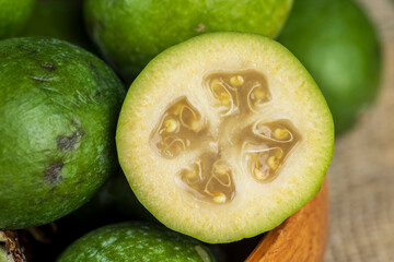 Delicious sweet and sour green feijoa on the table