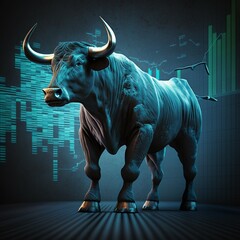 Bull with market graphs background (ai generated)