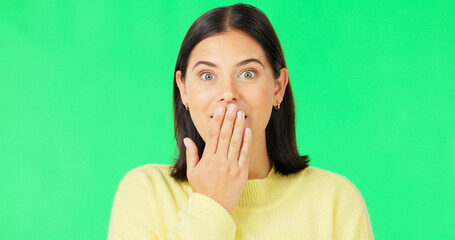 Wow, laughing and face of a woman on green screen isolated on a studio background. Happy, funny and portrait of an excited girl with shock and surprise over good news, announcement or gossip