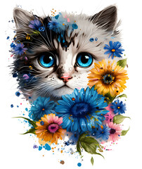 adorable cute cat with flowers, watercolor, generated with ai