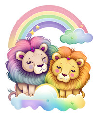 Lion couple watercolor, cute lion heart love, generated with ai