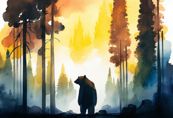 a watercolor portrait of a bear surrounded with trees Generative AI