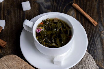 hot tea brewed in a white mug