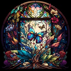 Stained glass butterfly with colorful flowers art, generated with ai