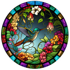 Stained glass hummingbird on branch art, generated with AI