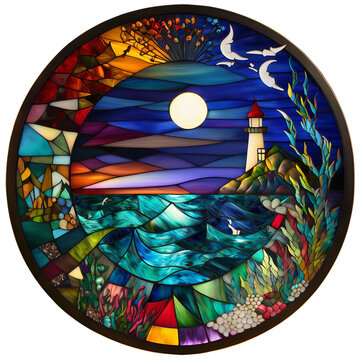 Stained glass light house of ocean and sea, colorful light house art, generated with ai