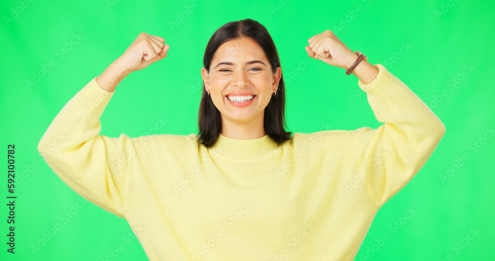 Wall mural strong, happy face and woman muscle flex with green screen and smile from wellness. gender equality,