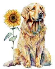 golden retriever dog with sunflower, watercolor art, generative ai