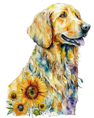 golden retriever dog or puppy with sunflowers. watercolor art, generative ai