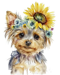 Yorkshire terrier puppy wearing sunflower on head watercolor illustration, generative ai