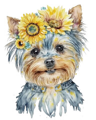Yorkshire terrier with sunflower on head watercolor illustration, generative ai