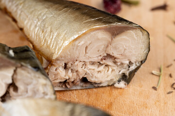 Smoked Atlantic mackerel cut into pieces