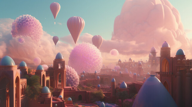 A surreal landscape in a desert village dreamed with Generative AI