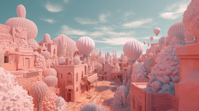 A surreal landscape of a desert village dreamed with Generative AI