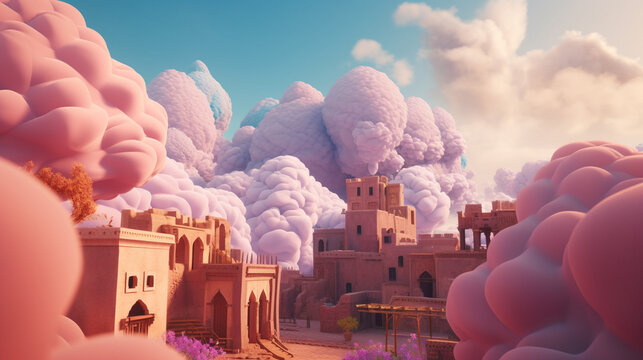 A surreal landscape of a desert tribe covered in purple clouds dreamed with Generative AI