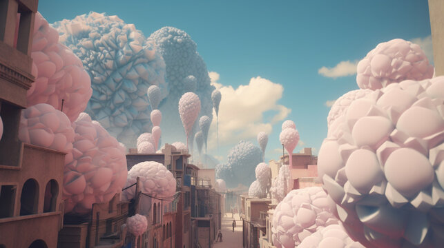 A surreal landscape overtaking an urban area dreamed with Generative AI