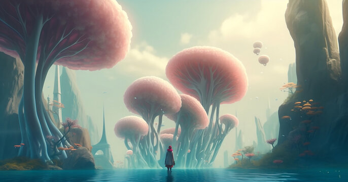 A fantasy cover with a protagonist overlooking a magical world dreamed with Generative AI.