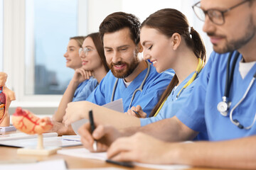 Fototapeta premium Medical students in uniforms studying at university