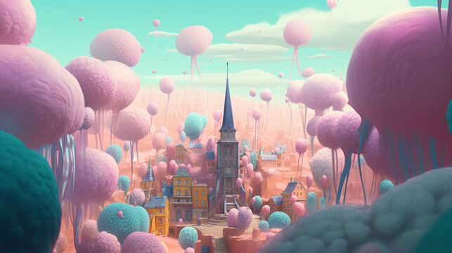 A fantasy castle in an innocent surreal world dreamed with Generative AI