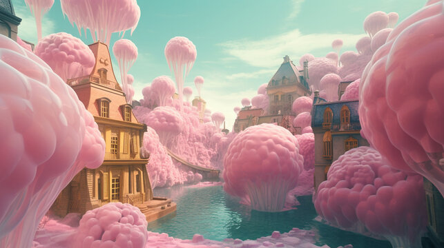 A surrealist city made of cotton candy imagined with Generative AI