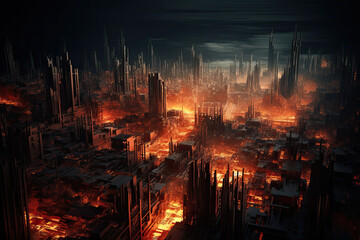 Fototapeta na wymiar World on Fire Illustration: A Dystopian Cityscape Amidst the Flames
