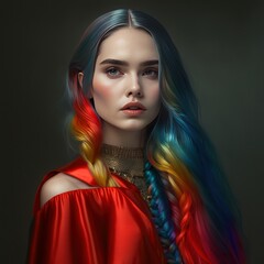 Colorful digital portrait of a young American woman, featuring vivid hair colors and a captivating gaze. AI Generated