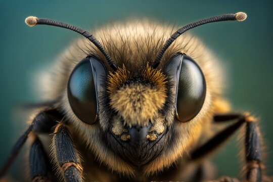 Macro view of the bee head. Close-up. Generative AI.
