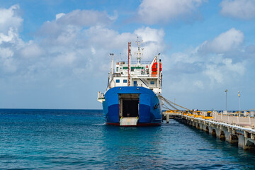ferry ship in harbor, front view. ferry ship in docked harbor. ferry ship in harbor or seaport