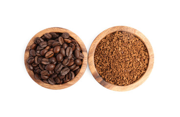 Bowls of instant coffee and beans on white background, top view