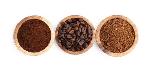 Bowls of beans, instant and ground coffee on white background, top view