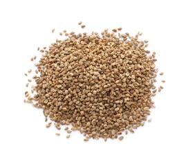 Pile of celery seeds isolated on white, top view
