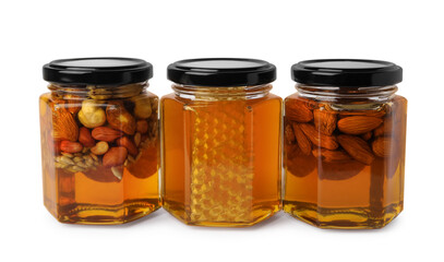 Jars with different nuts and honey on white background