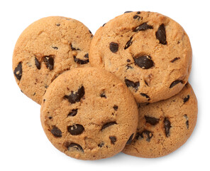 Delicious chocolate chip cookies isolated on white, top view