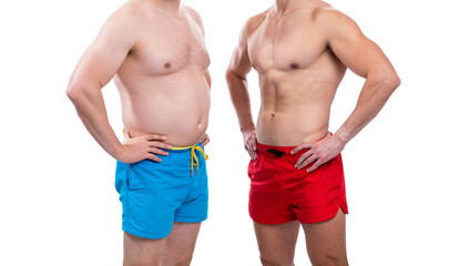 before fat after slim compare of men isolated on white, cropped view. before fat after slim