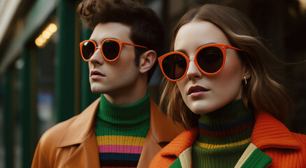 two elegant fashionable  people in sunglasses. generative AI