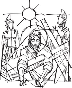 Hand drawn illustration of Jesus falls with the cross.