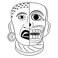 Human head half skull half alive. Native American art. Indigenous Mexican design from Veracruz. Juxtaposition of life and death. Dualism concept. Black and white silhouette. Vita brevis. Memento mori.