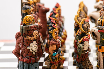 Inca version chess. Incas vs Spanish. Horse and llama  on chessboard.