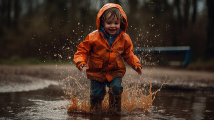 A happy little boy with orange raincoat jumping in a muddy puddle, generated AI