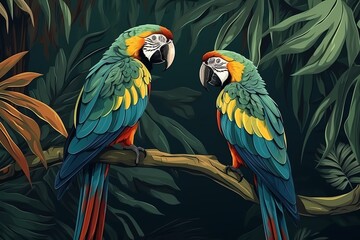 Fototapeta premium Colorful parrots in forest, generative ai